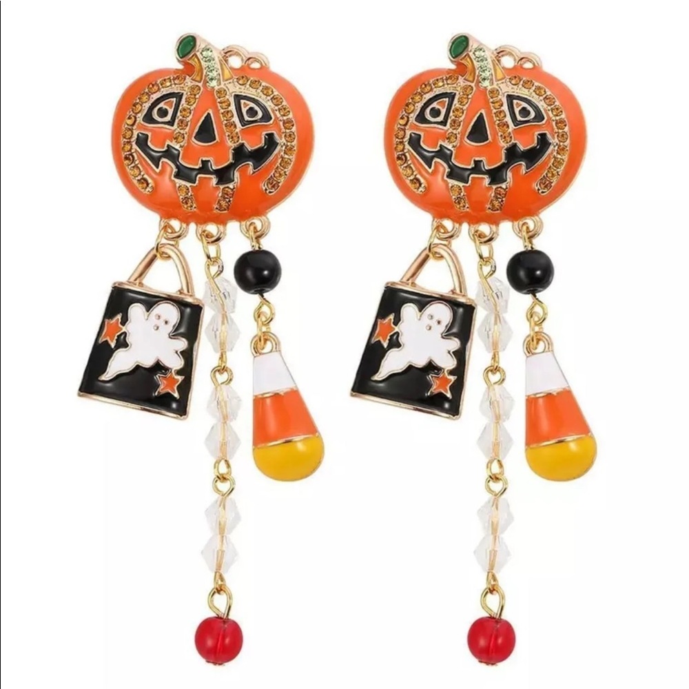 Halloween Spooky Jack-o'-Lantern Pumpkin with Ghost Candy Bag Earrings